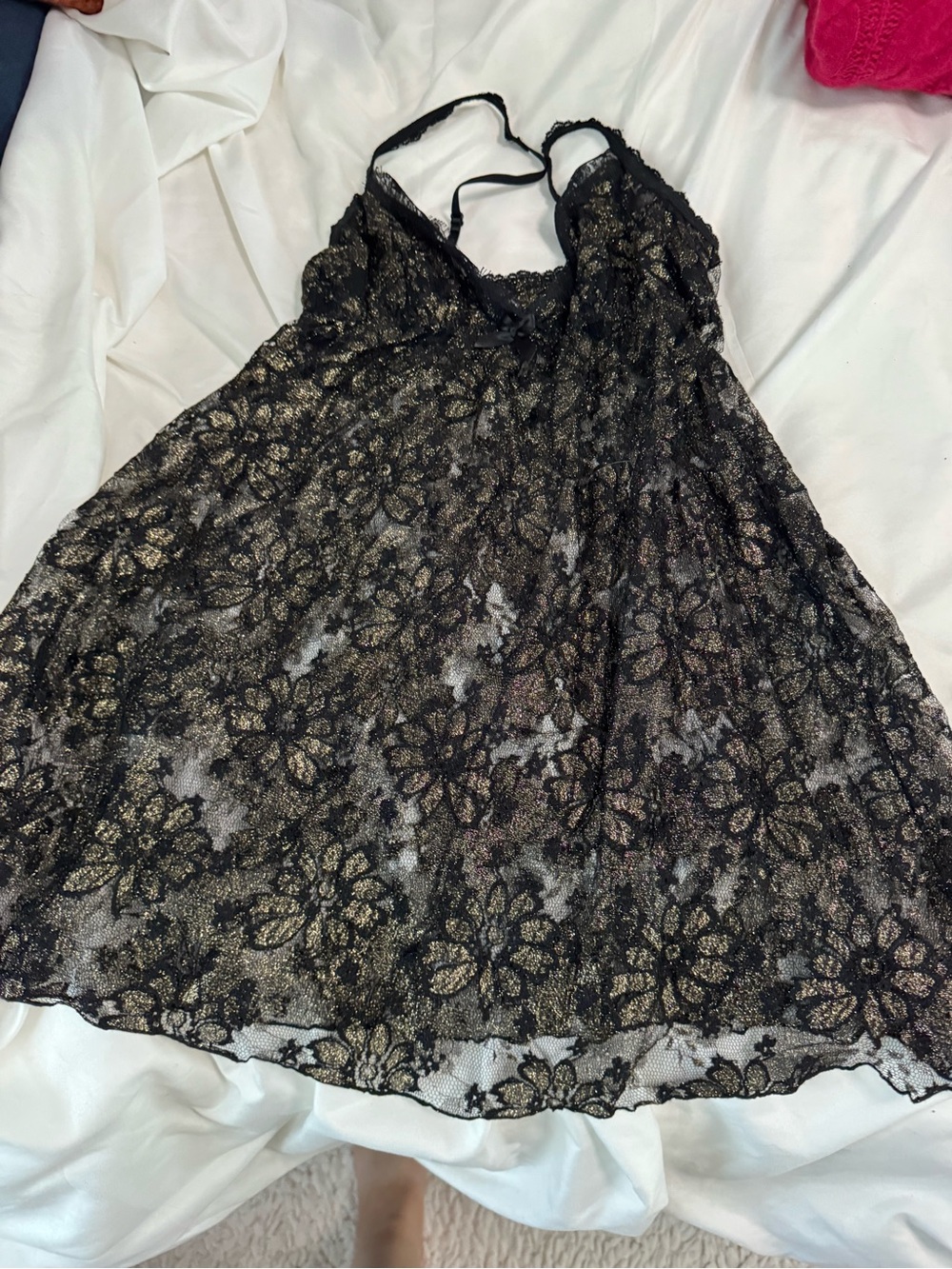 Hanky Panky Black Lace Chemise with Gold Floral Accents